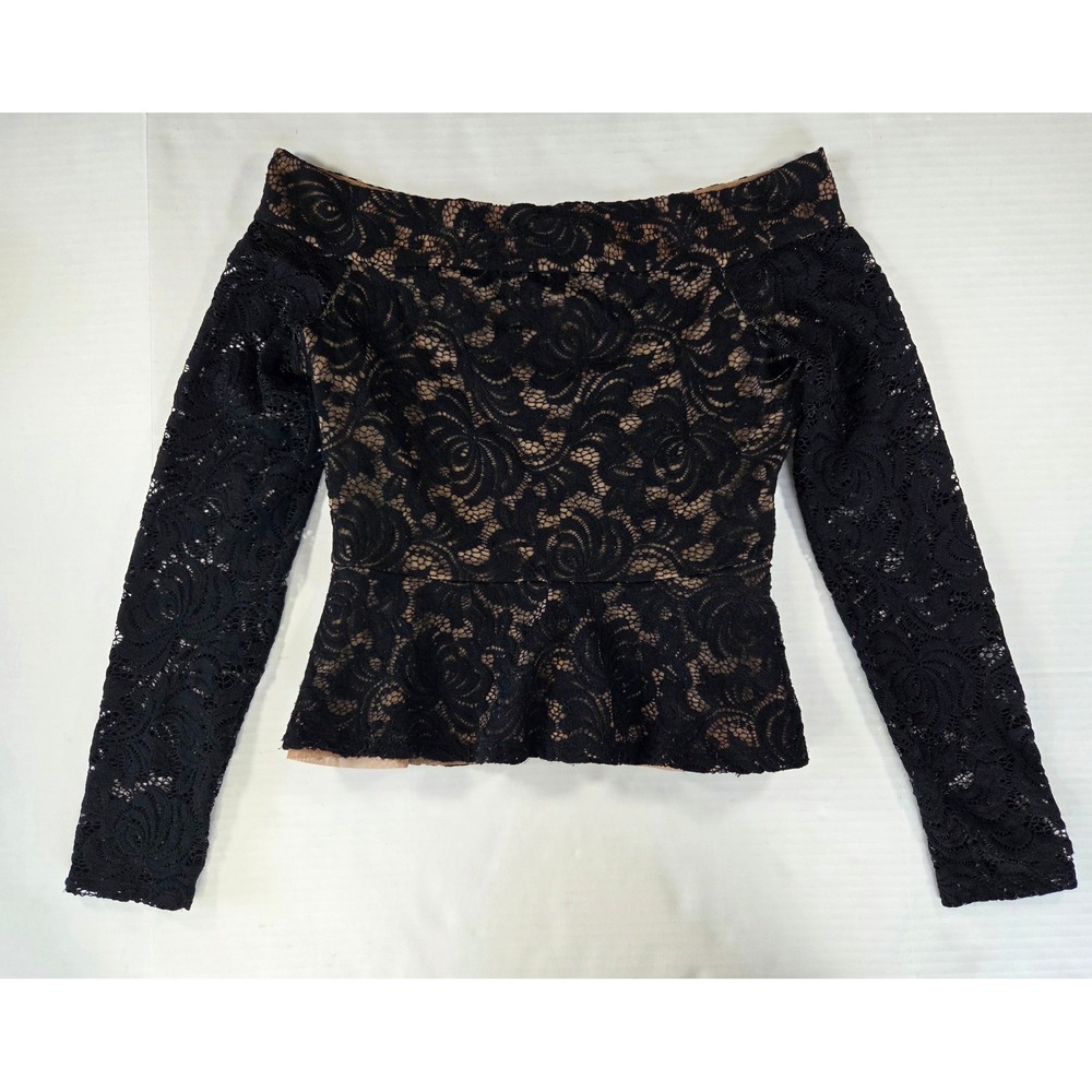 BCBGMAXAZRIA Womens Black Floral Lace Off The Shoulder Peplum Top Long Sleeve S